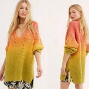Free People Come Together Orange Yellow Green Ombre Oversized V-Neck Sweater S